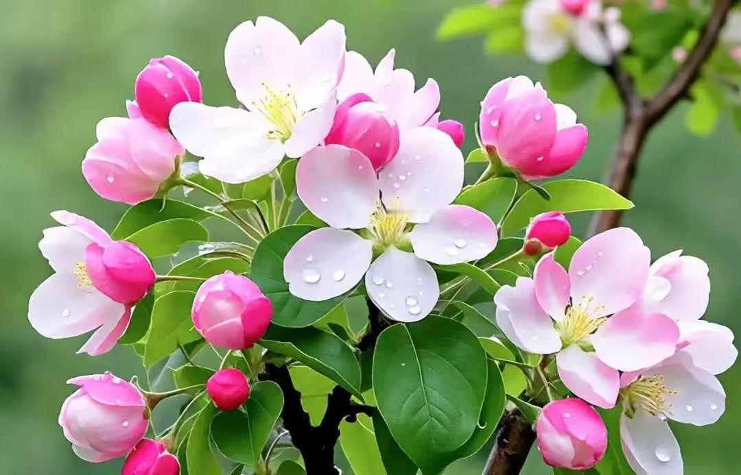 天净沙·咏海棠 
晓露凝红浅妆，
柔条袅袅风香。
淡冶胭脂色爽。
不随争抗，
自