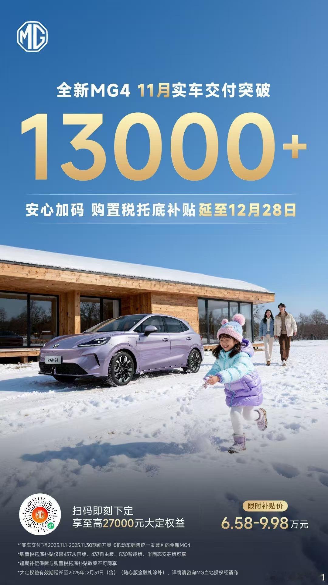 11月实车交付突破1.3万购置税托底补贴延至12月28日全新MG4 不负每份信任