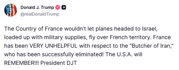 【特朗普称美国会跟法国记仇】美国总统特朗普3月31日在社交媒体上发文称，法国不允