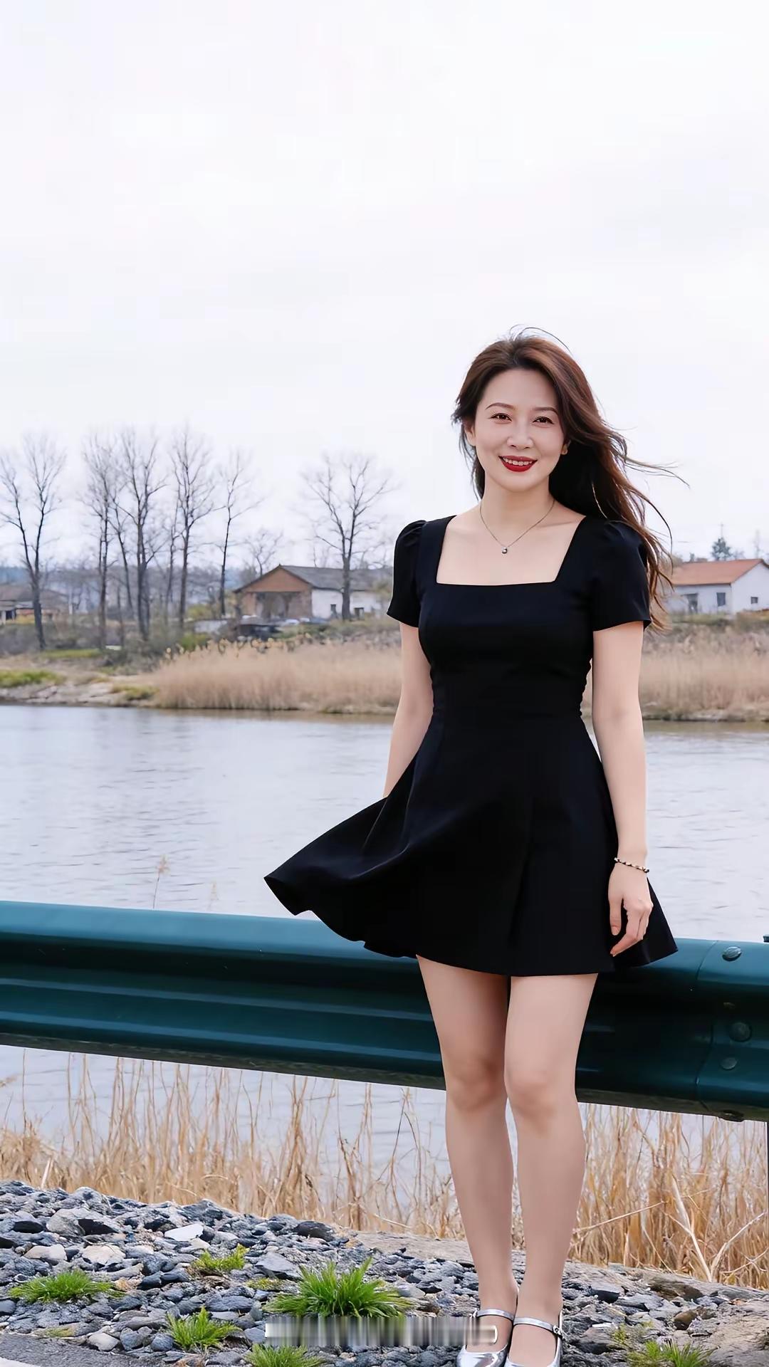 湖畔少女
黑裙倩影立湖边，
笑靥清甜逐风旋。
漫向清波舒广袖，
一襟明媚胜春烟。