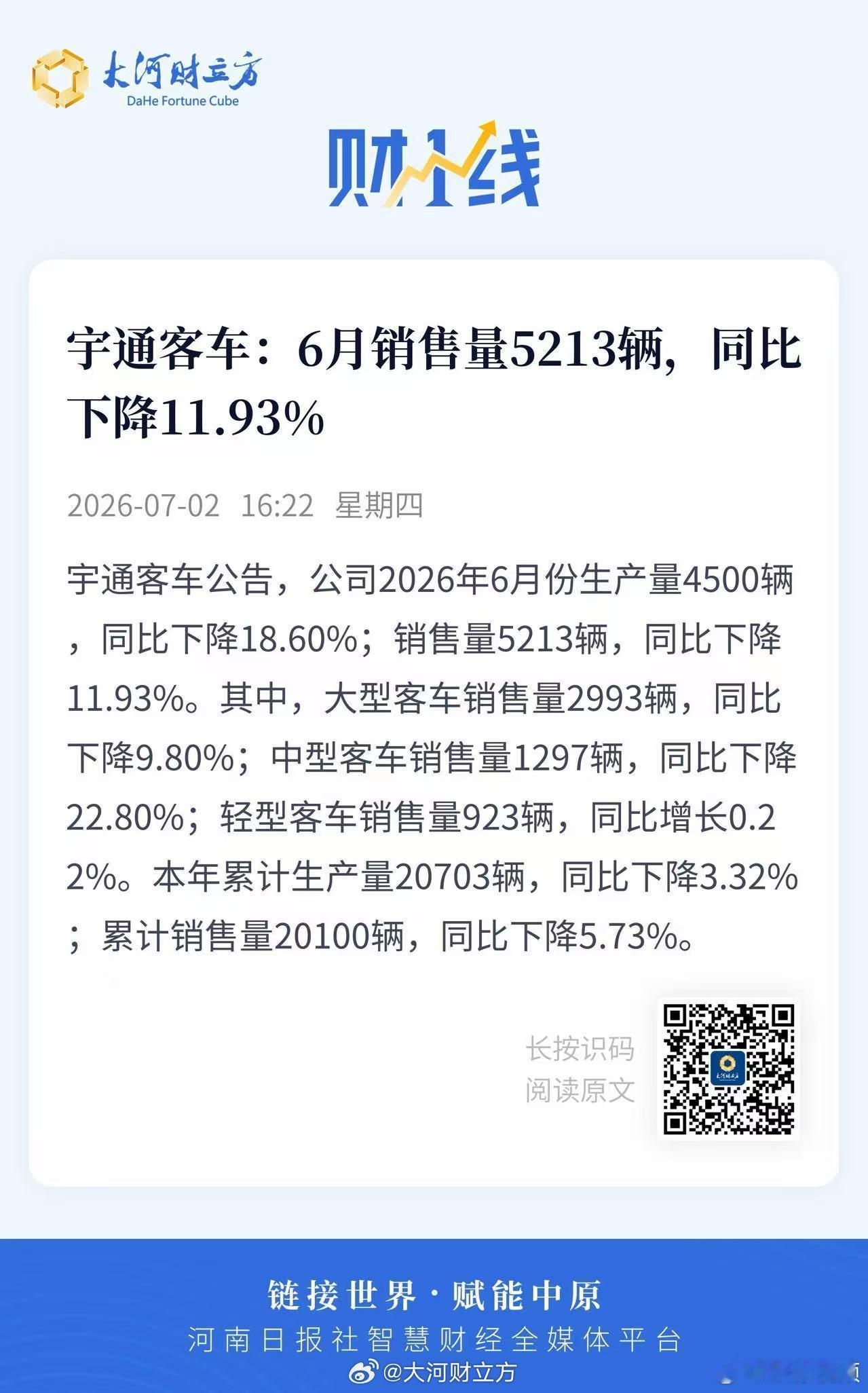 宇通客车6月销售量5213辆【宇通客车：6月销售量5213辆，同比下降11.93