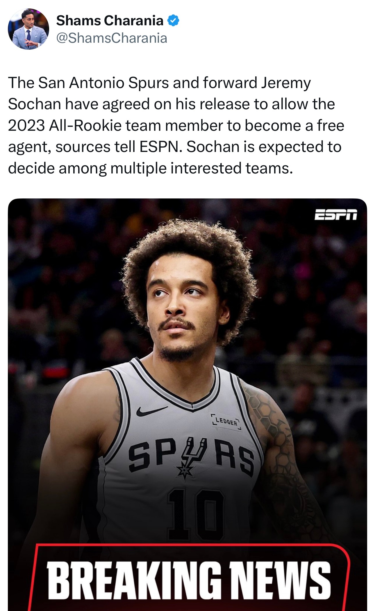 Shams：马刺与索汉达成了解约协议，他将成为自由球员。 