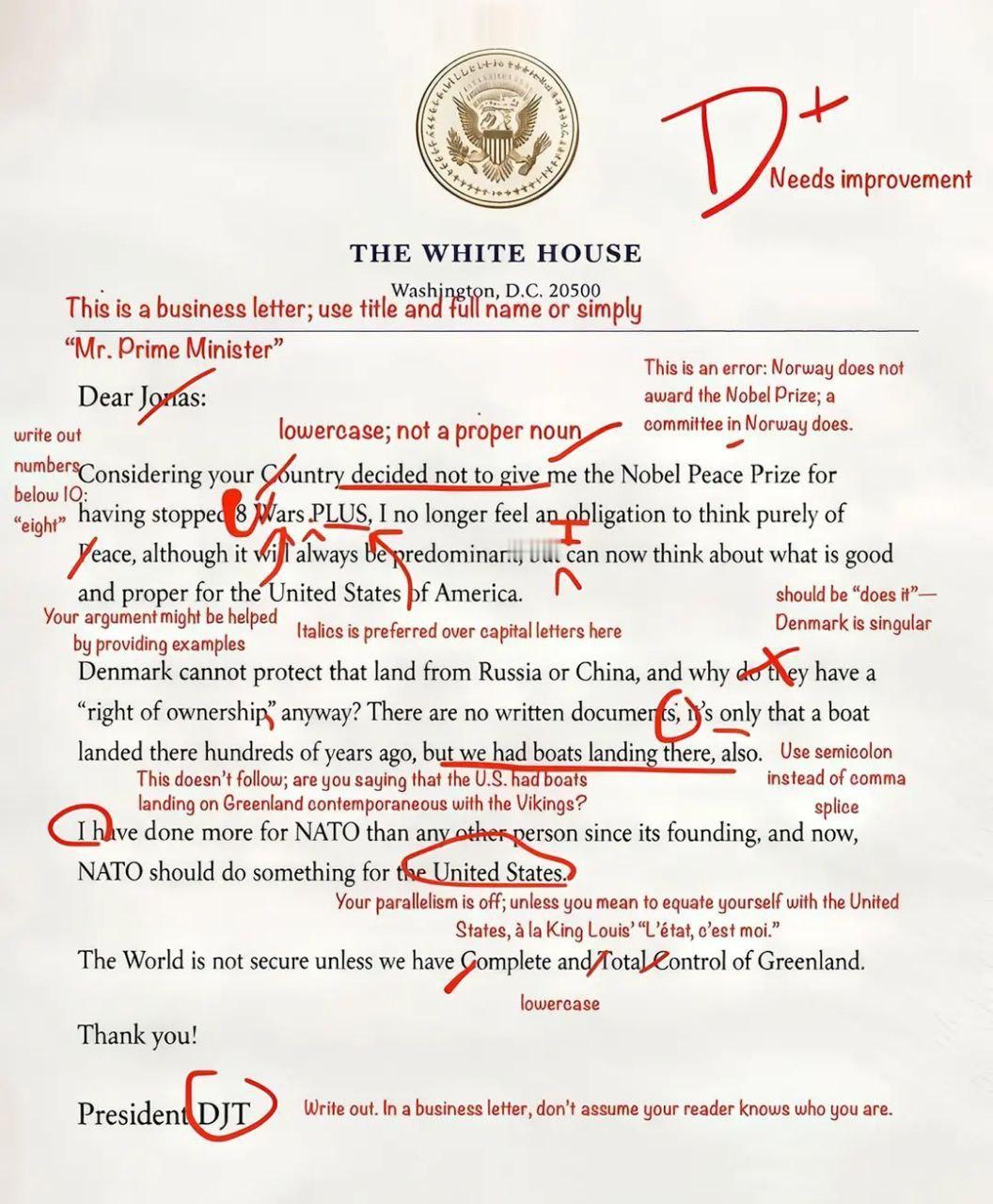 特朗普写作只拿了个 D+在给挪威首相的信中，这位美国总统犯下了大量错误：语法、文