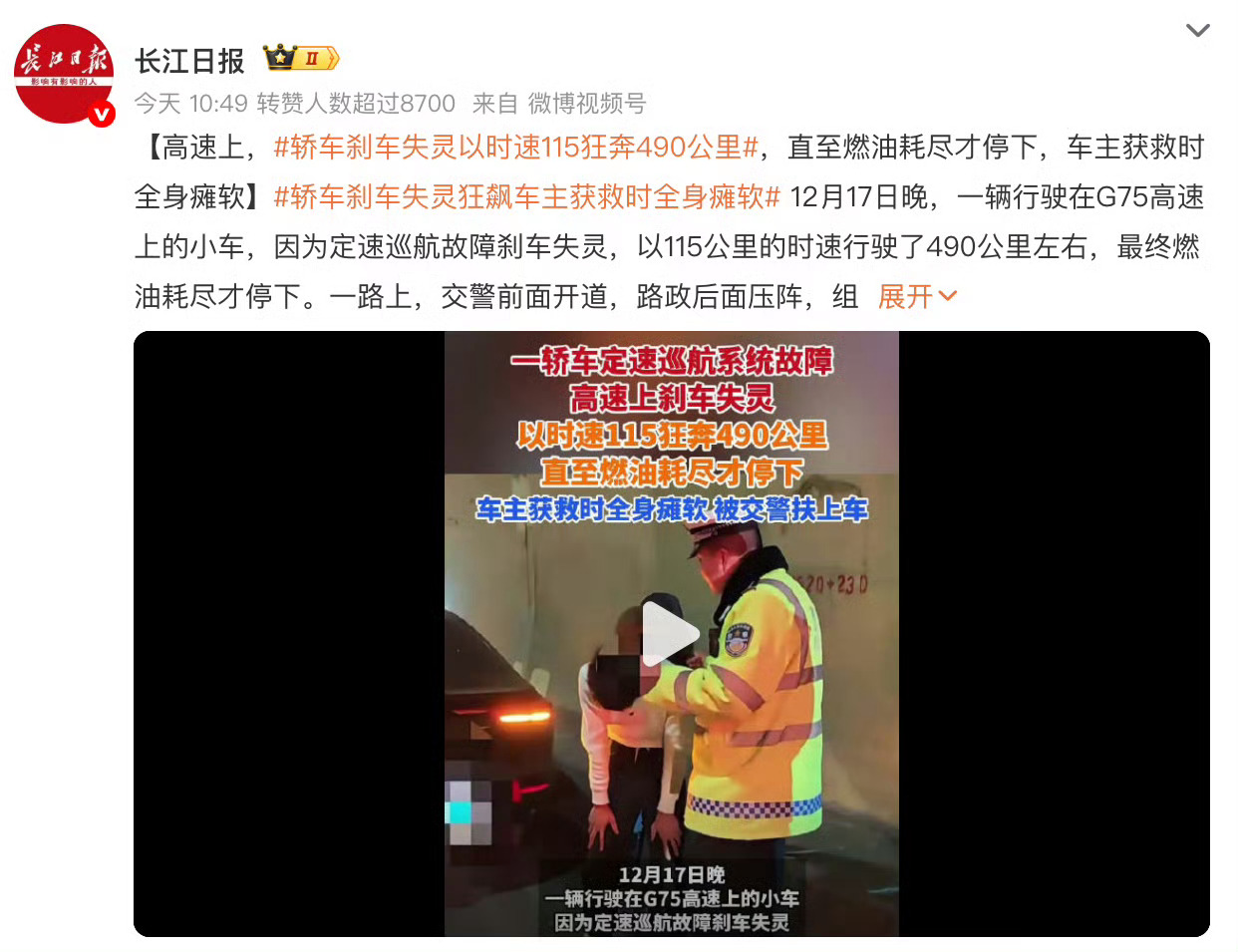 这是什么牌子的车？轿车刹车失灵以时速115狂奔490公里