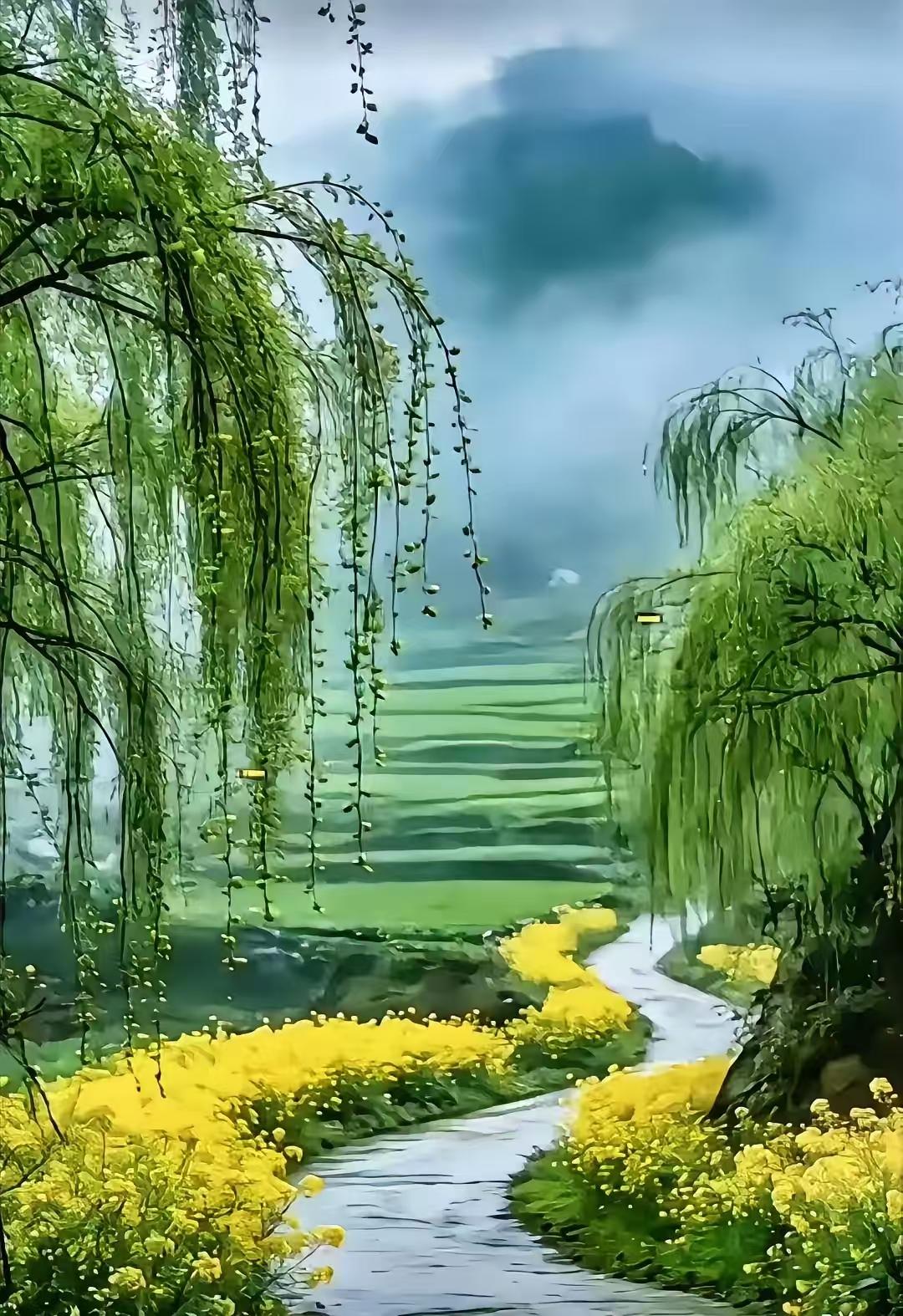 定风波·柳陌春芜
垂缕千丝拂碧川，
翠波层叠接遥天。
金萼铺蹊凝晓露，
佳处，