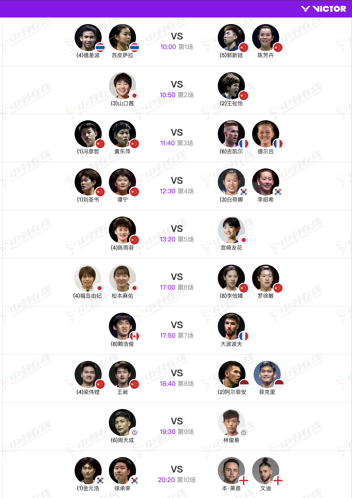 威克多中国羽毛球公开赛 7月25日各单项半决赛赛程，早场10点开赛，晚场17点开