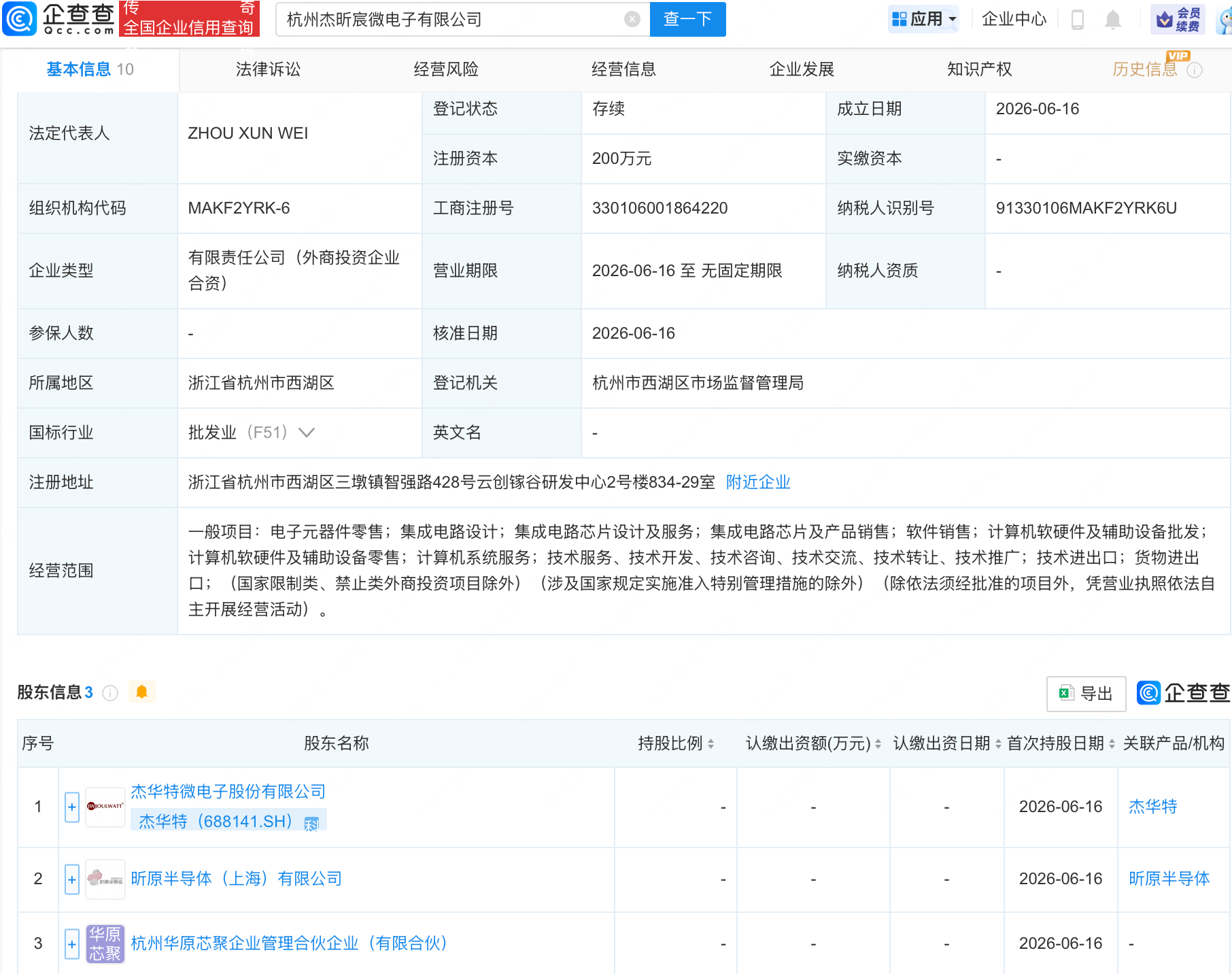 杰华特、昕原半导体等成立微电子新公司