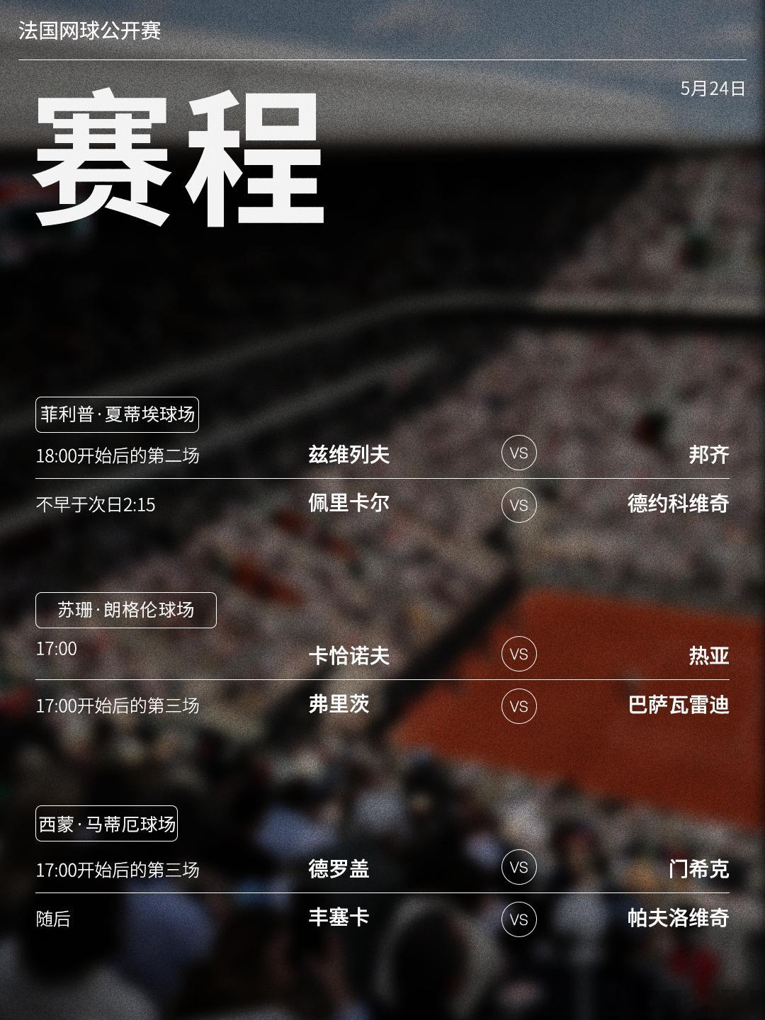 法网2026 第一比赛日赛程如下（均为北京时间）📅⏰中央球场在北京时间18:0