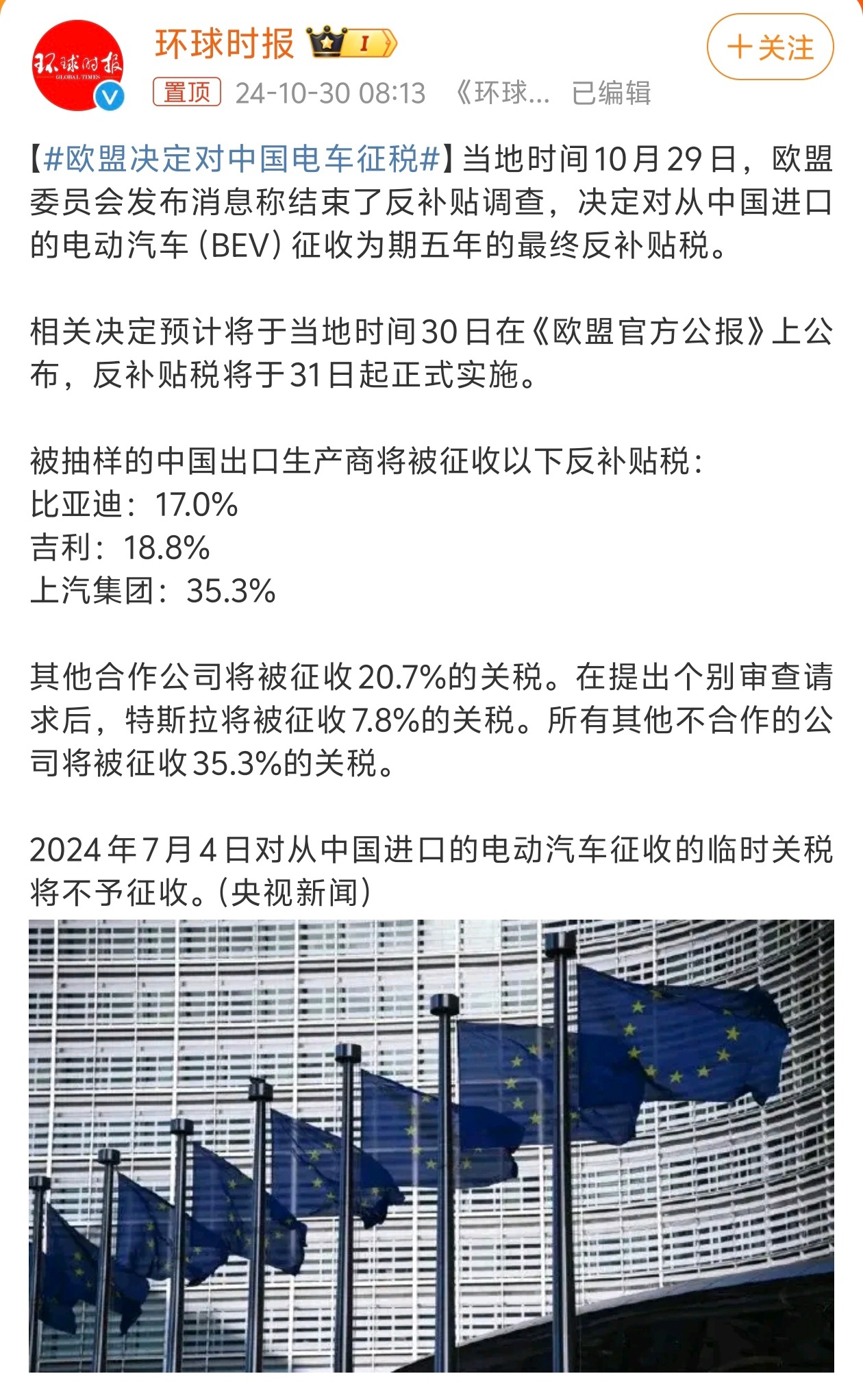 #欧盟决定对中国电车征税#惯用手段了，竞争不过就加征关税，以阻挡中国新能源车在海