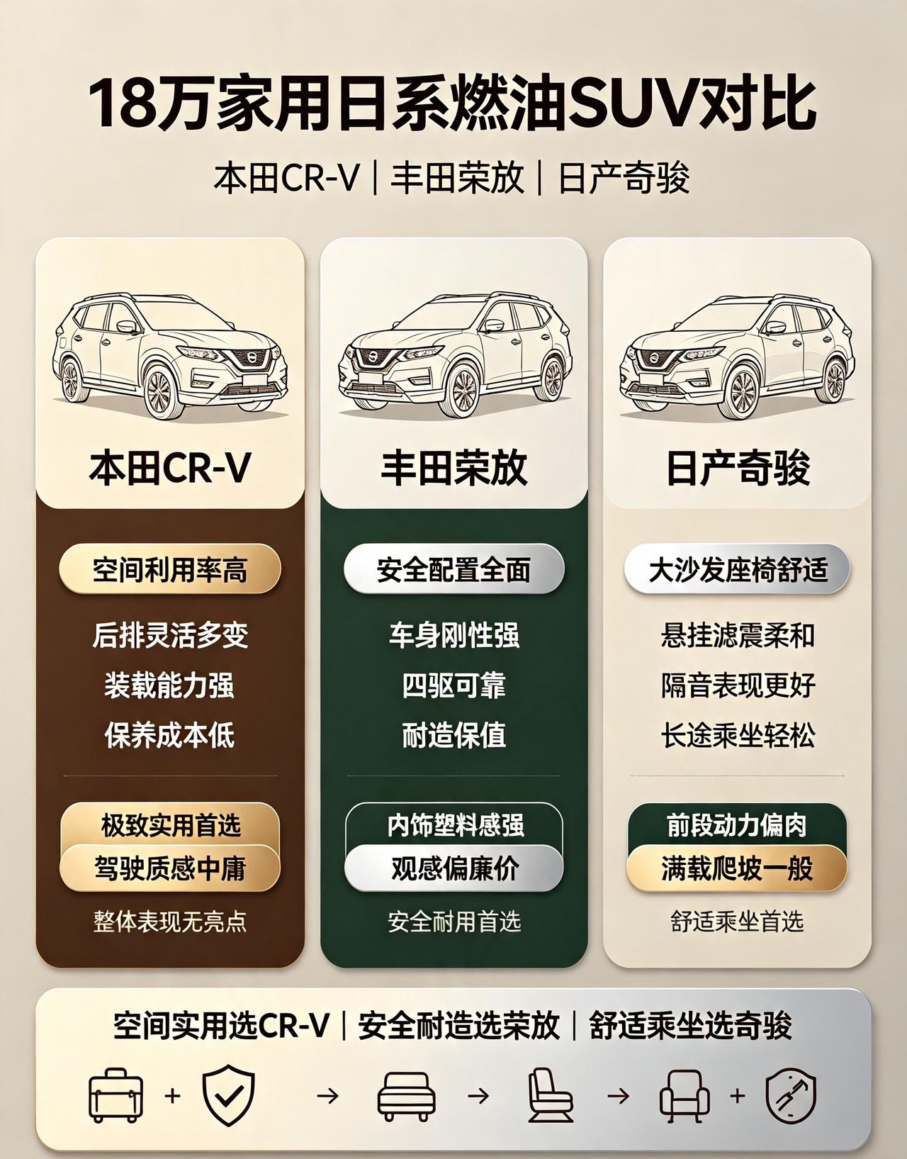 坚持燃油SUV、信赖日系稳定品质，18万落地这三台是标准同级竞品，家用取向高度一