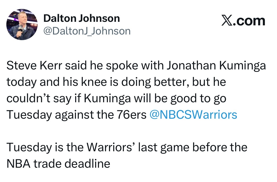 科尔表示，他今日已与库明加沟通，膝盖情况有所好转，但暂无法确定其能否出战周三对阵