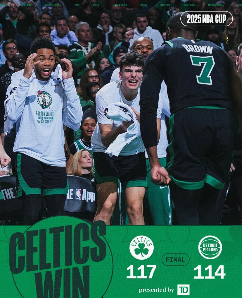 凯尔特人客场险胜活塞凯尔特人今天对阵活塞，以114-117赢得胜利!凯尔特人战胜