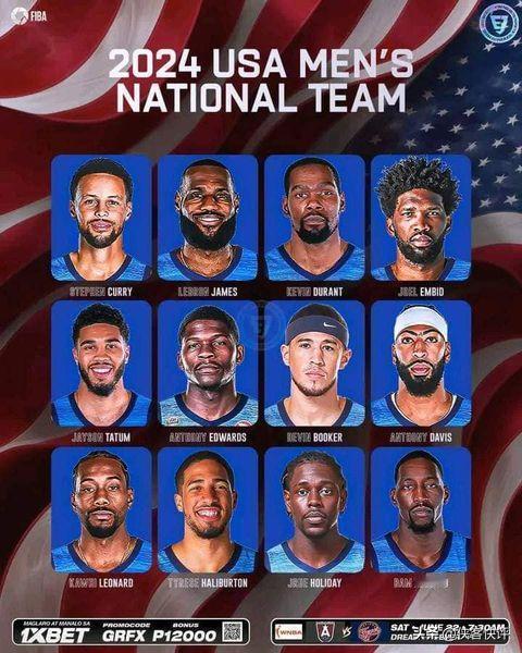 2024年奥运会美国男篮全明星阵容出场，里面有詹姆斯、库里、杜兰特、恩比德、塔图