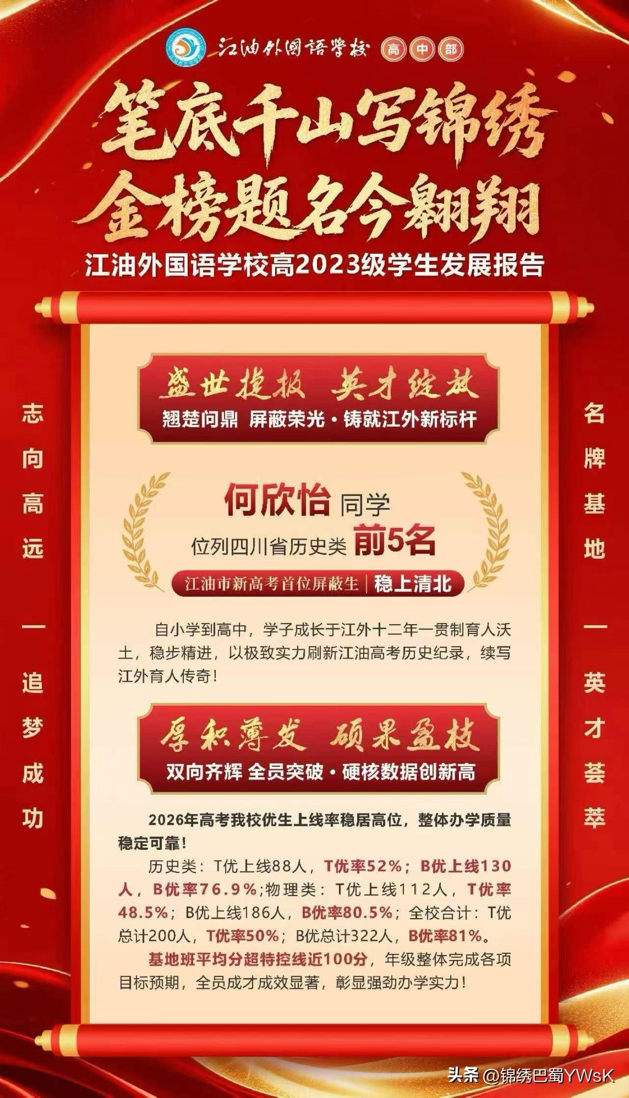 选江外，赢未来！
何欣怡同学全省前五，江油市首位“屏蔽生”，稳上清北！
大盘有实