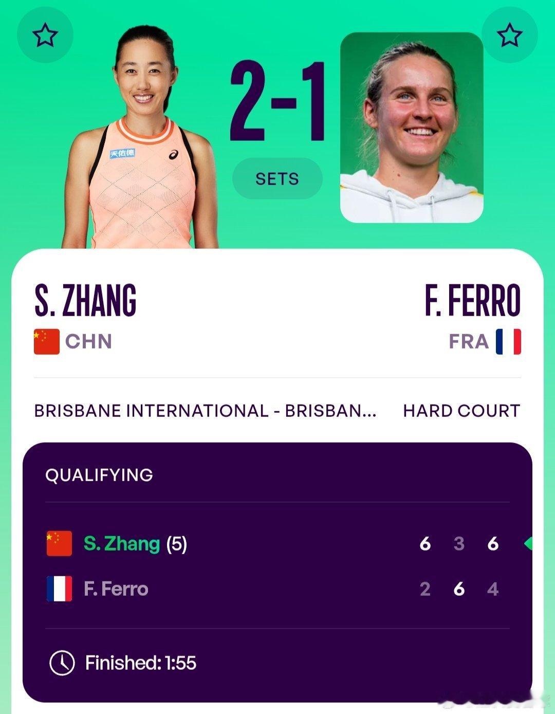 WTA500布里斯班站🇦🇺资格赛第一轮:张帅🇨🇳6-2/3-6/6-4战