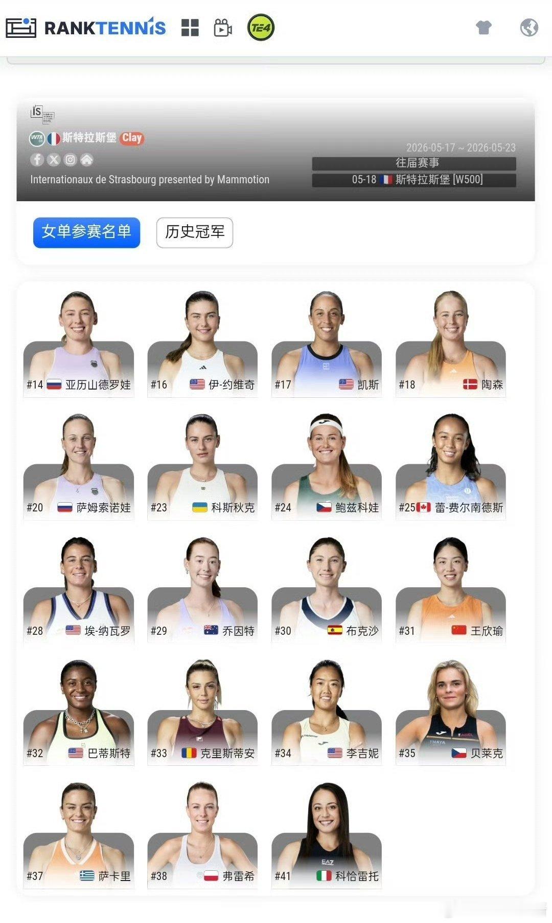 【WTA500斯特拉堡】女单正赛名单🇨🇳王欣瑜报名 ,帅姐搞不好替补进红土撒