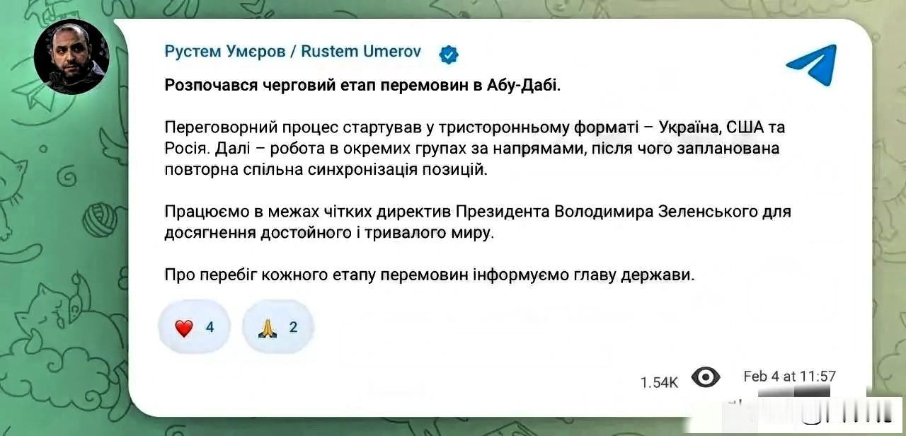 乌梅罗夫：阿布扎比新一轮谈判已启动
​谈判进程以俄乌美三方形式拉开帷幕，后续将按