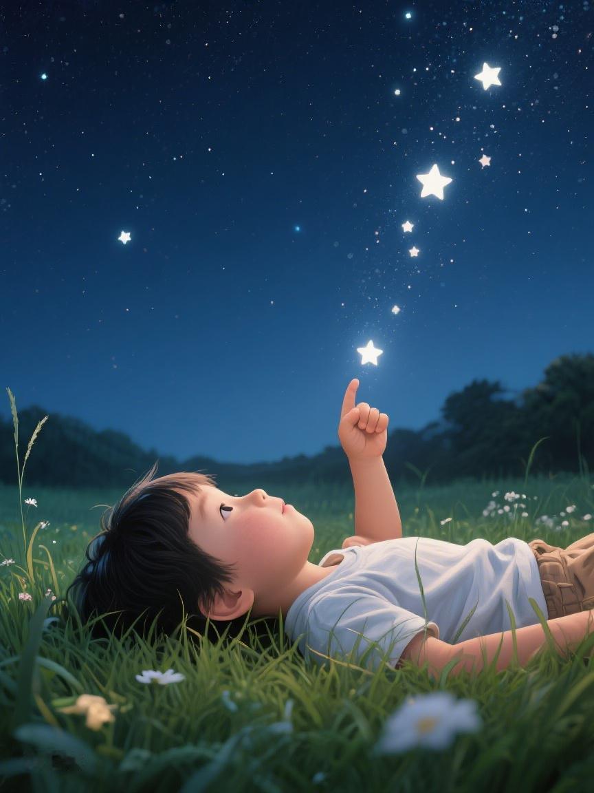 AI妙生图在草地凝望星芒，那闪烁的微光，仿若梦的期许，引领我们探寻未知🌟