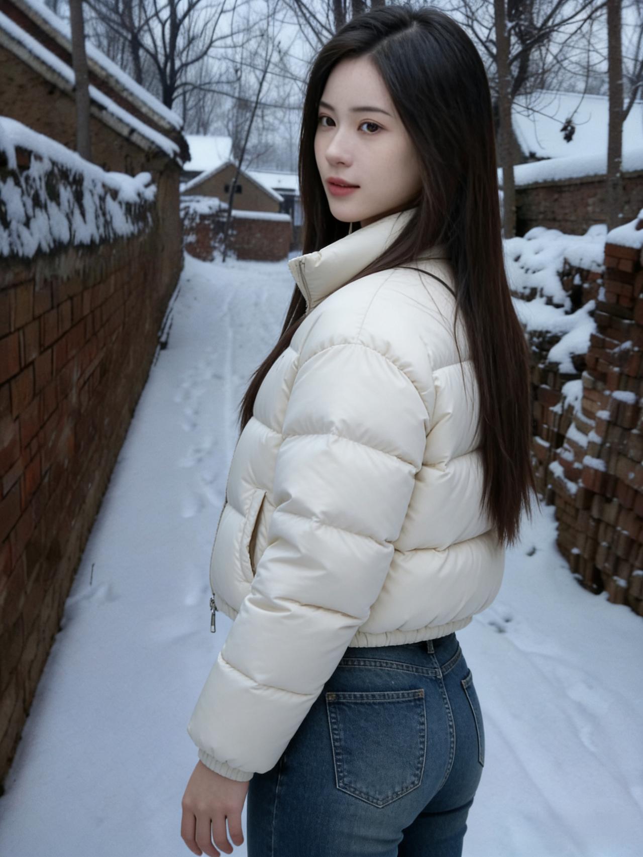 白衣蓝裤立雪巷，眸底清光映晓霜。
纵使寒深千树寂，芳姿依旧胜春芳。