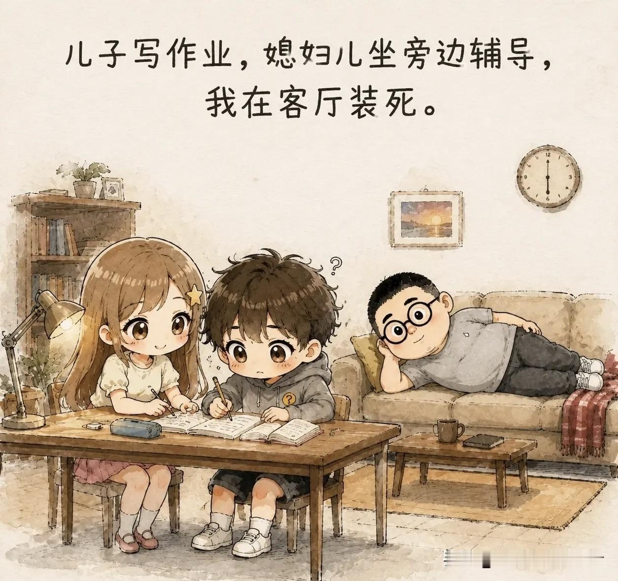 趣味漫画：儿子写作业媳妇儿坐旁边辅导，我在客厅装死。不多时屋里传来媳妇儿的怒吼：