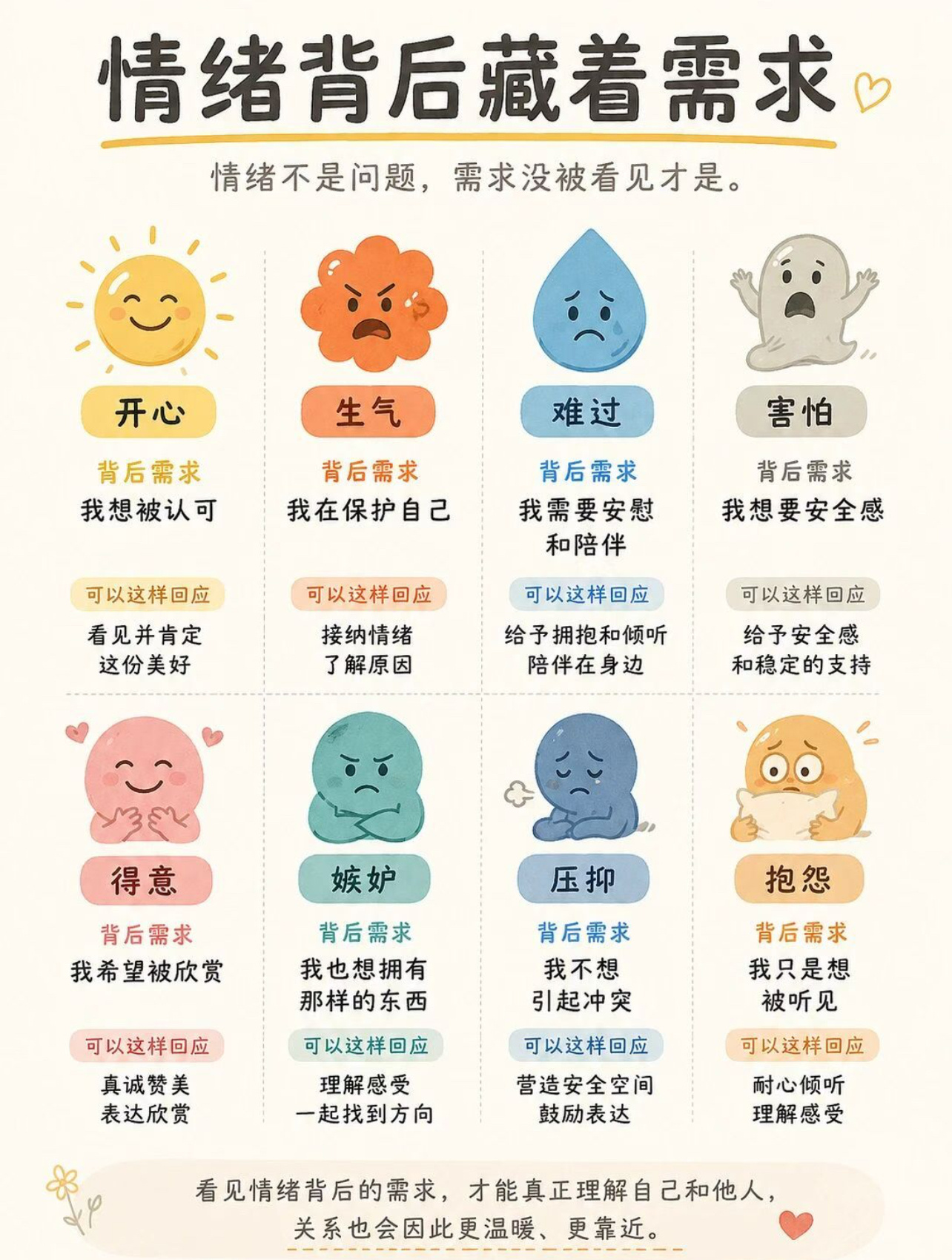 情绪背后藏者需求情绪没有好坏都需要被看见 被接纳、允许看见情绪背后的需求，才能真