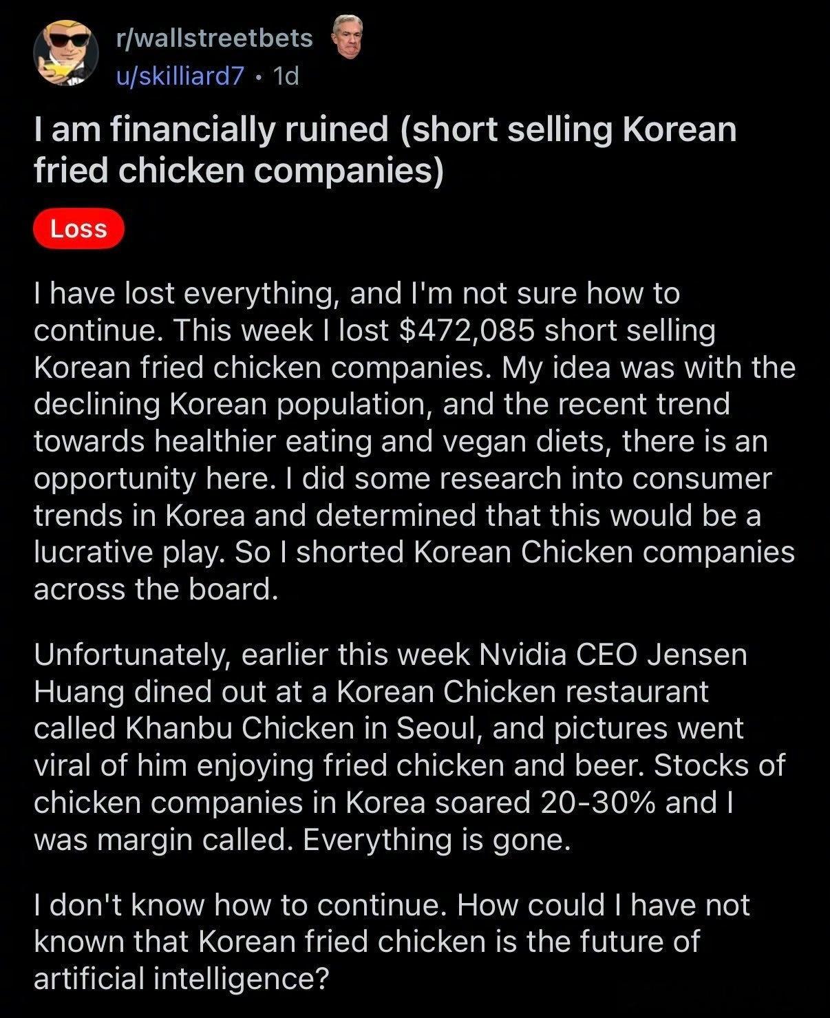 刷到一个非常抽象的破产帖，发帖者声称曾花费大量时间反复研究韩国消费趋势，综合韩国