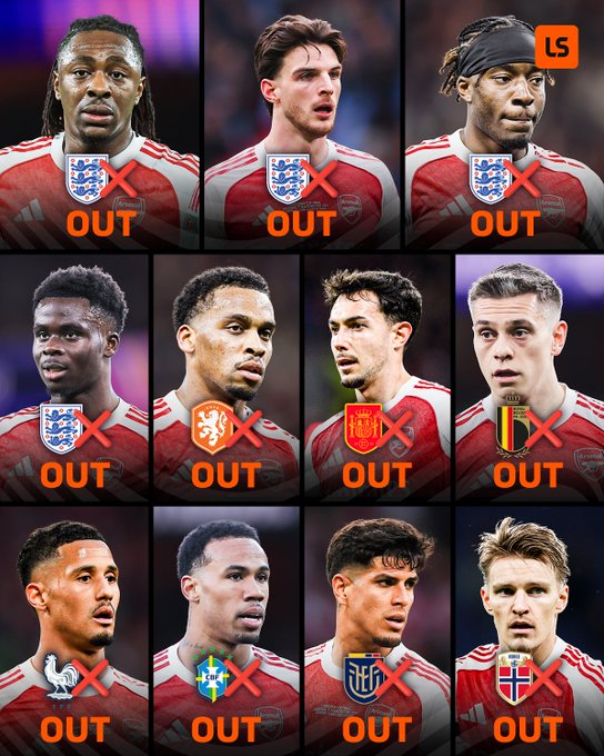 据报道，阿森纳多名球星因伤退出本周的国家队比赛。 