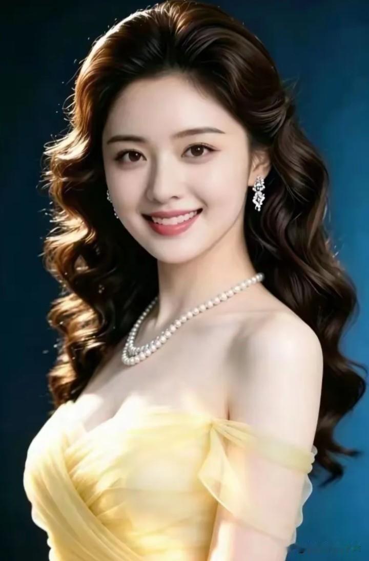 减字木兰花·黄裙雅韵
 
云卷发鬈，珍珠叠链衬清颜。
浅黄纱袂，一笑温柔胜锦缎。