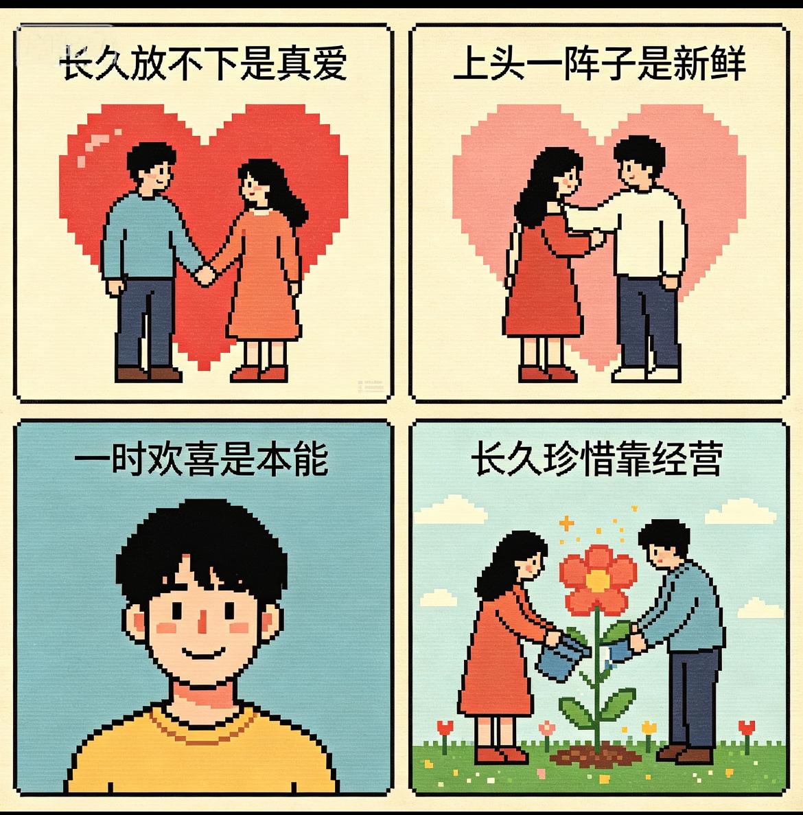长久放不下是真爱，
上头一阵子是新鲜。
一时欢喜是本能，长久珍惜靠经营。[比心]