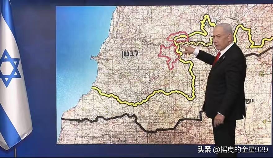以色列总理内塔尼亚胡昨晚展示了一张黎巴嫩南部局势图，表示以色列仍留在该地区的黄色