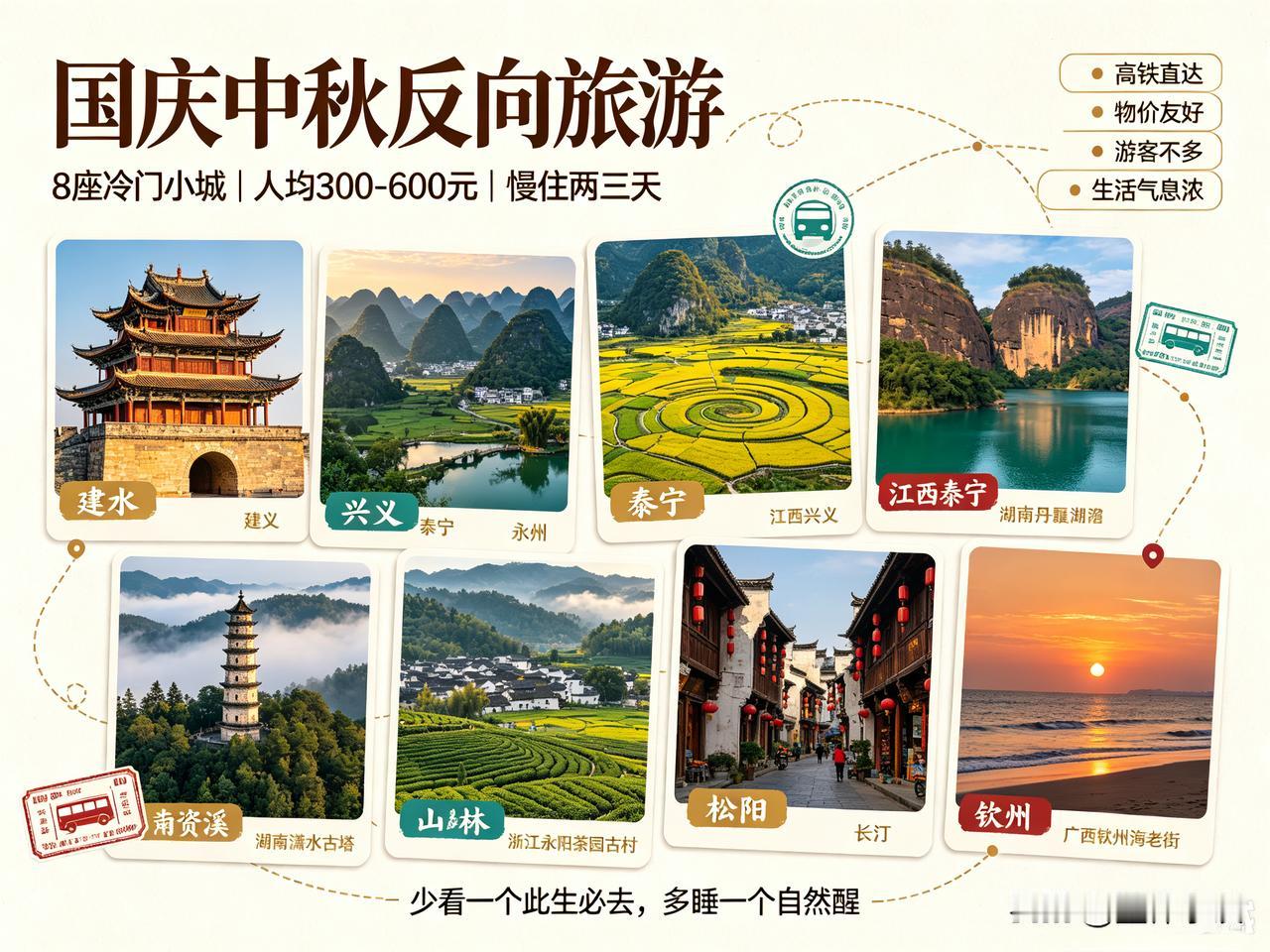国庆中秋反向游｜8座高铁直达小城，人均300-600元，慢住两三天！

热门景区