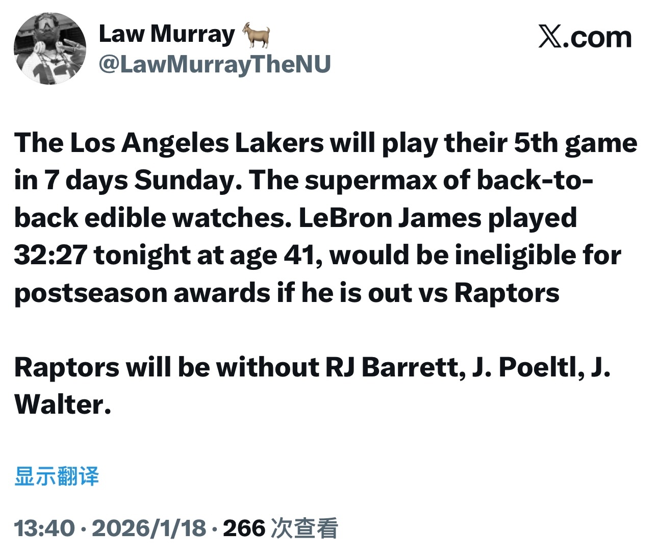 The Athletic记者Law Murray：湖人队将在明天迎来7天内的第5