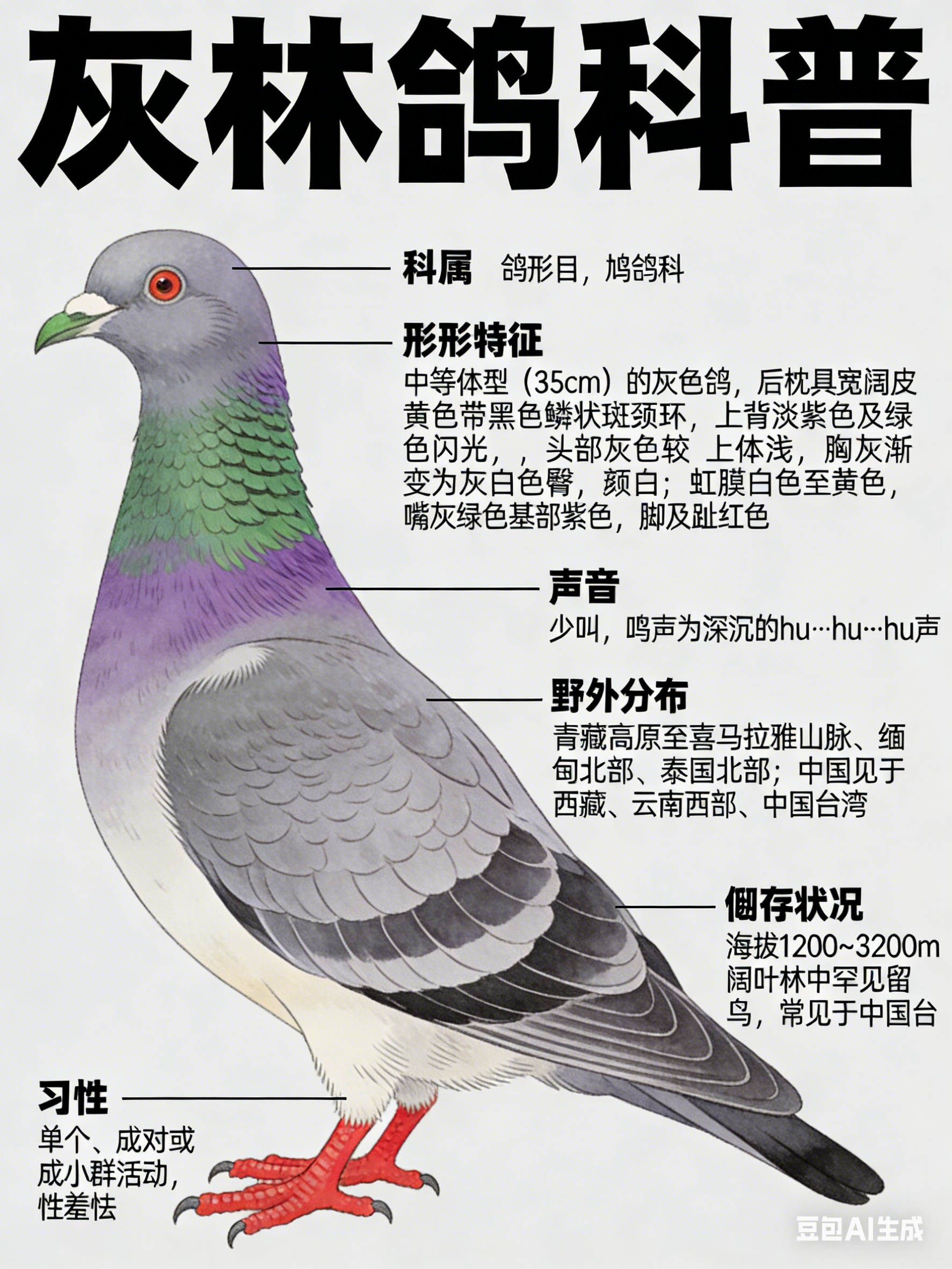 鸟类朋友图鉴 灰林鸽·科属：鸽形目，鸠鸽科。·外形特征：中等体型（35cm）的灰