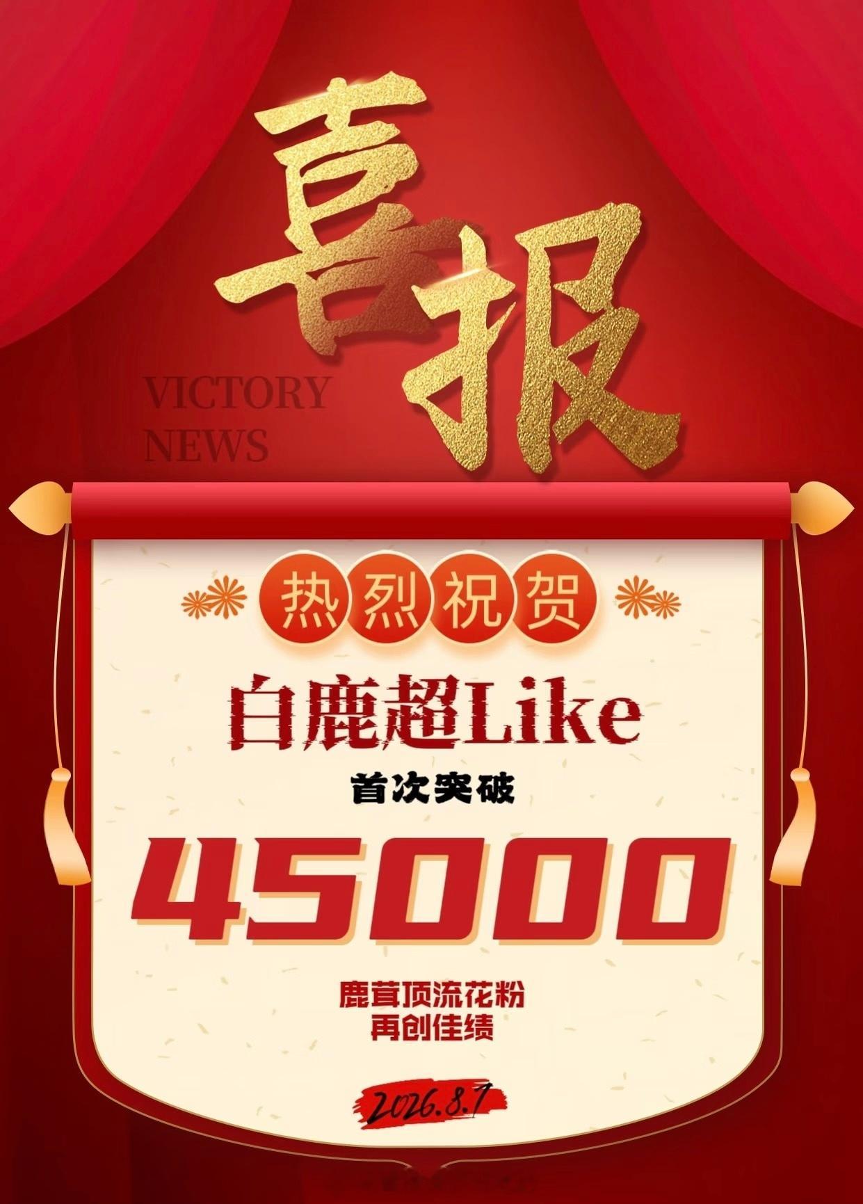 恭喜白鹿超Like突破45000，流量花伟大今年有效播剧有效吸粉🈶，越来越强大