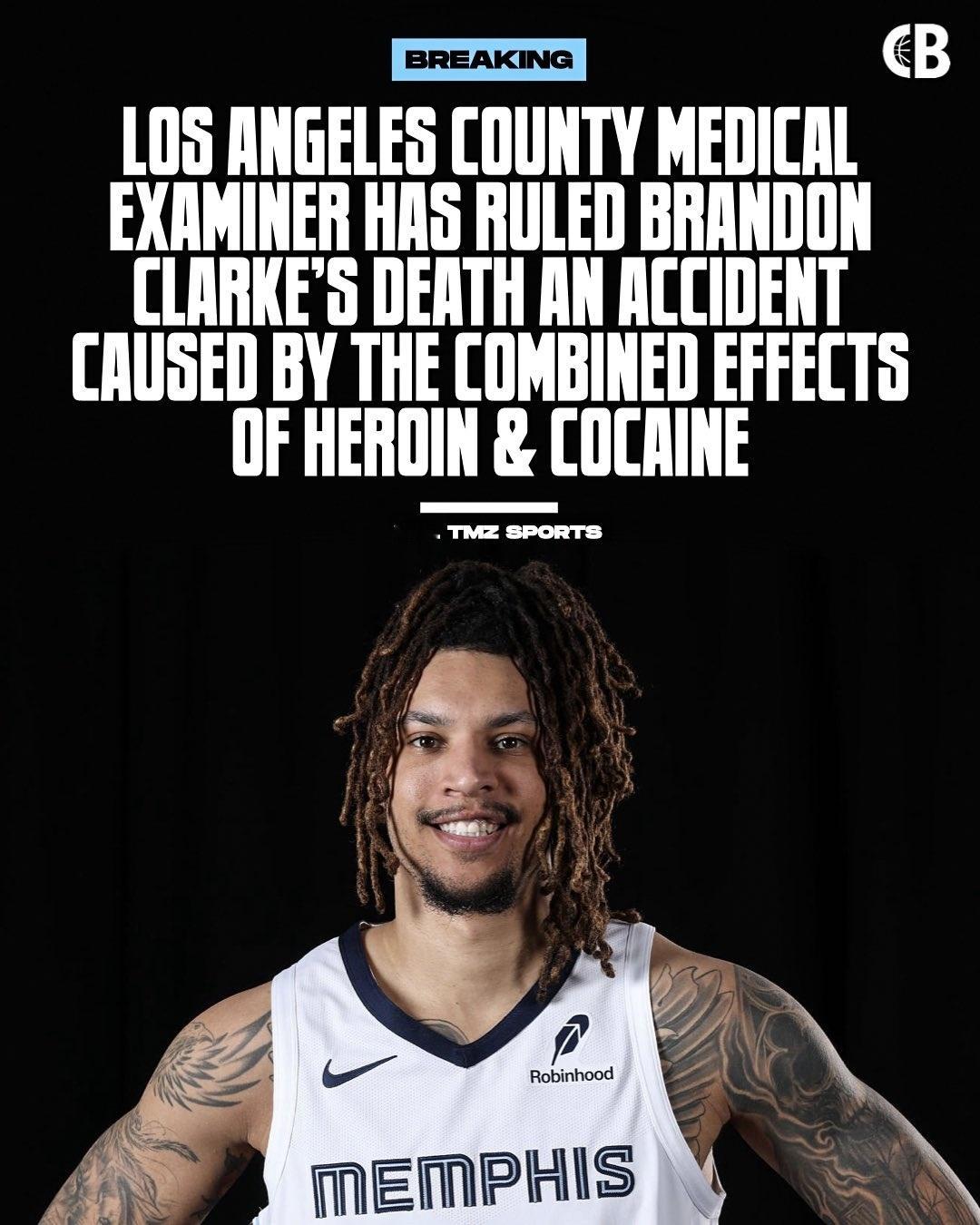 NBA 孟菲斯灰熊队前锋布兰登·克拉克的死因已正式公布。洛杉矶县法医部门认定，这