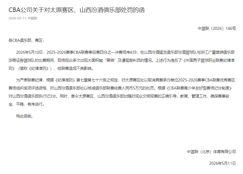 山西和浙江主场都挨罚了，两个罚单加起来罚了21w~~cba