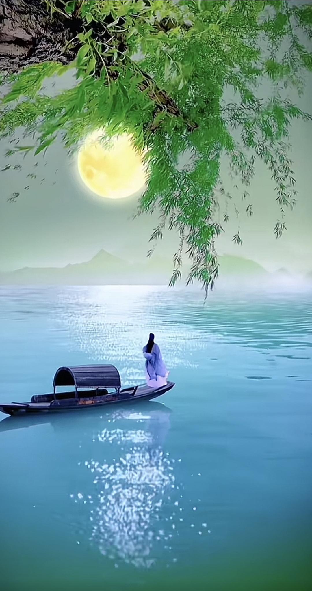 月下泛舟，悠然自得，静享湖光山色。古风 风景 泛舟观桃花