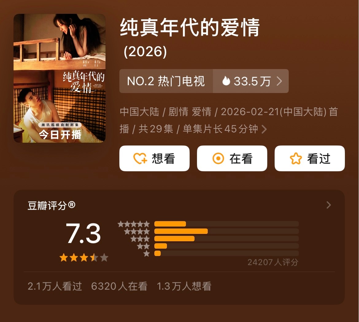 近期五部剧开分：《除恶》7.4《纯真年代的爱情》7.3《唐宫奇案之青雾风鸣》7.