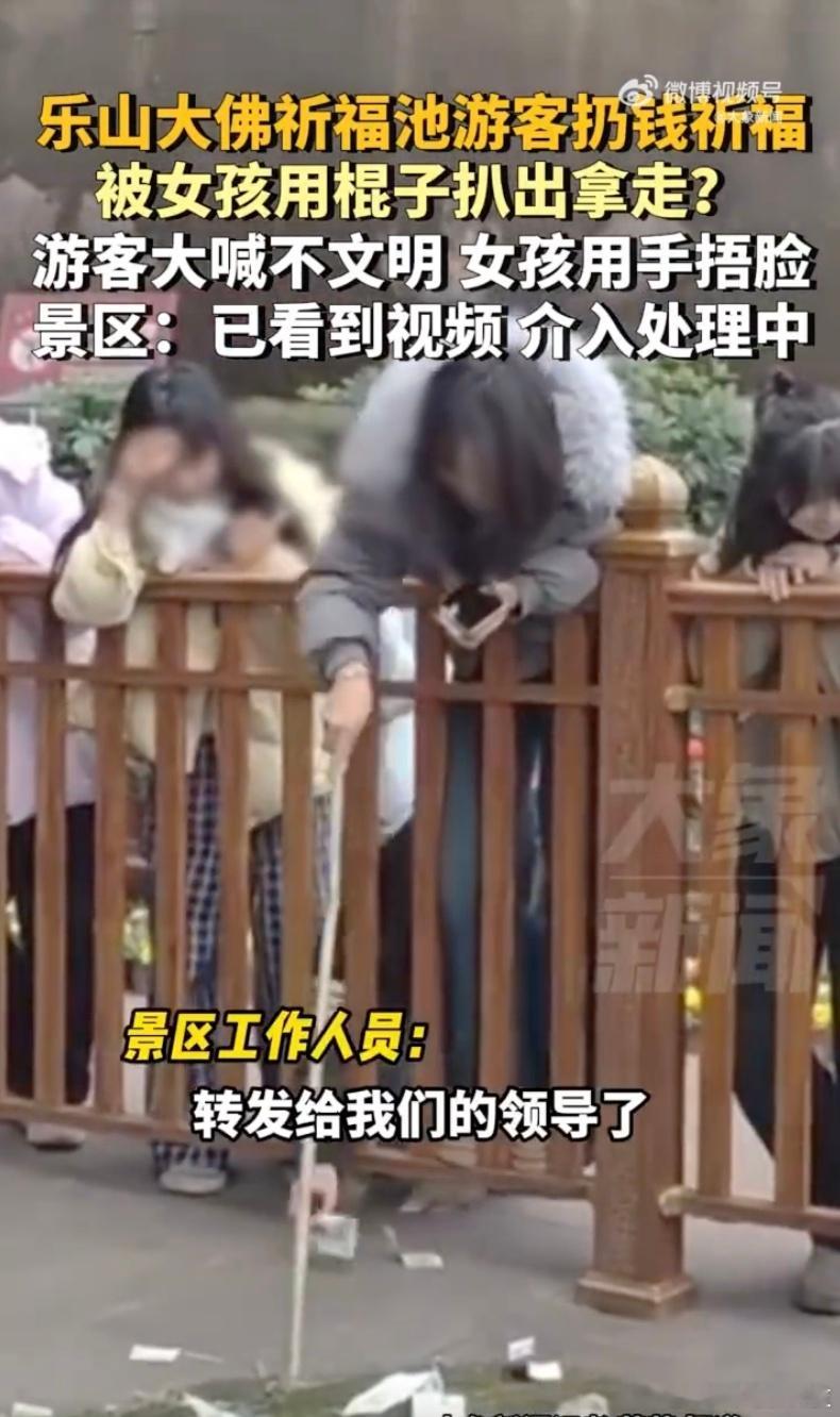 女孩用棍子扒出景区祈福钱后拿走  乐山大佛祈福池啊，这小姑娘是不是不太懂事啊，善
