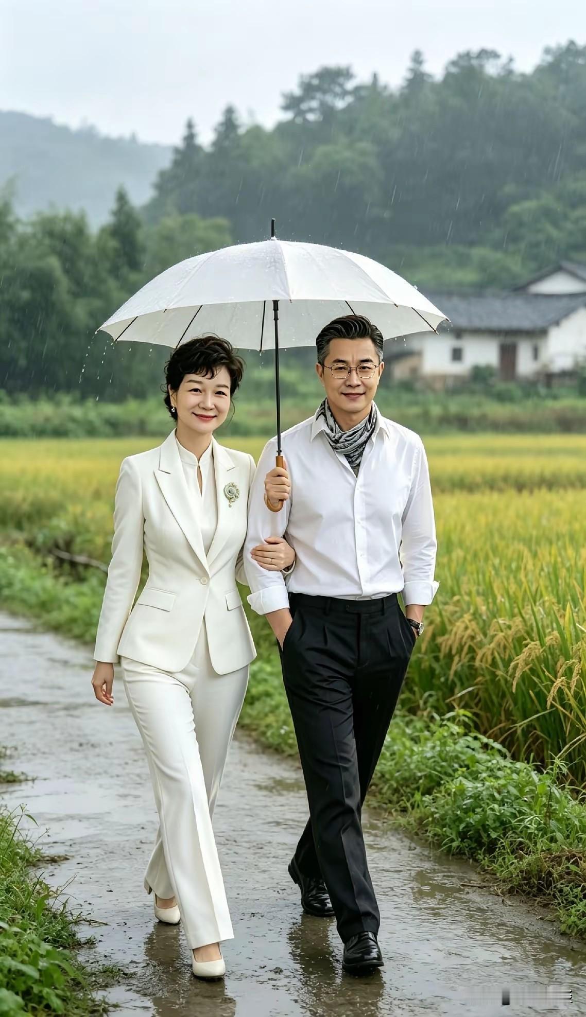 谁能拒绝这般治愈的画面！细雨绵绵的乡间小路，两人共撑一把伞并肩慢行，伞下藏着满满