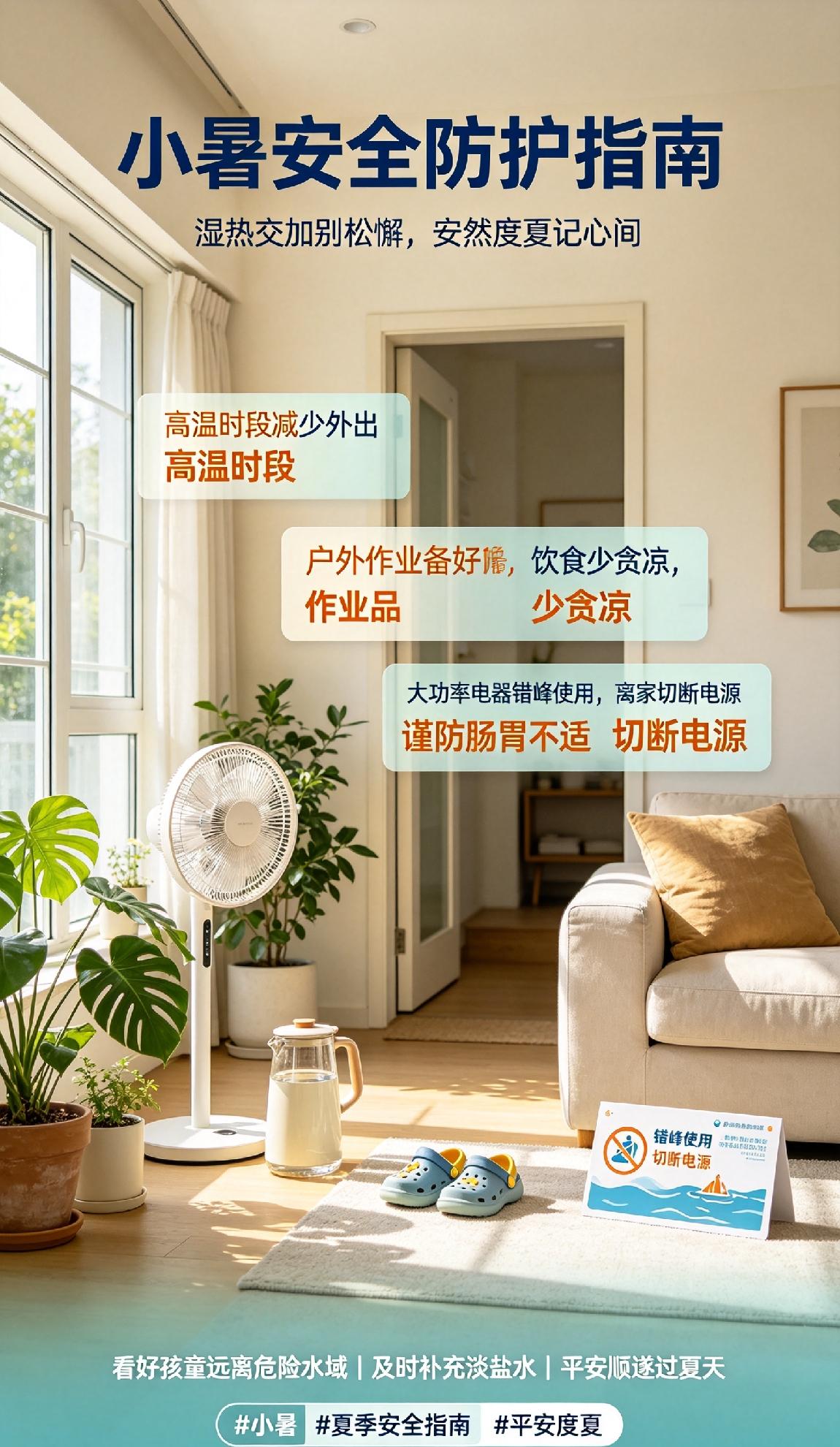 这份安全指南助你安全度夏
小暑时节湿热交加，安全防护别松懈。高温时段减少外出，户