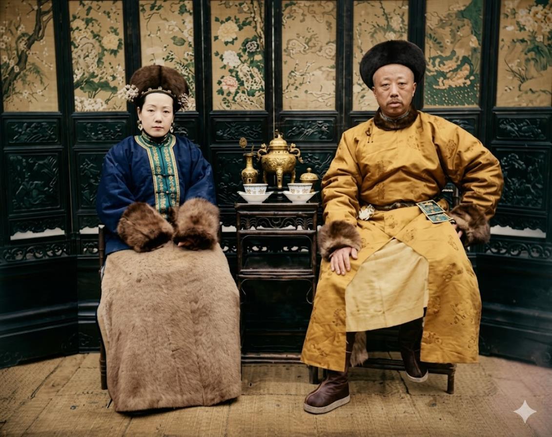晚清，醇亲王奕譞与嫡福晋叶赫那拉·婉贞合影，二人中间雕花小木几摆放全套银质茶具、