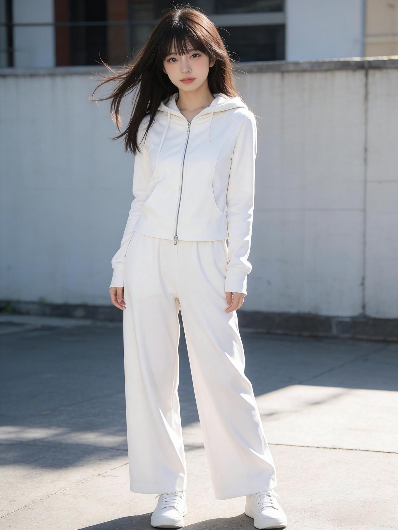 一身极简的白色运动套装，剪裁流畅，没有多余的修饰，却完美衬托出她挺拔的身姿。面料