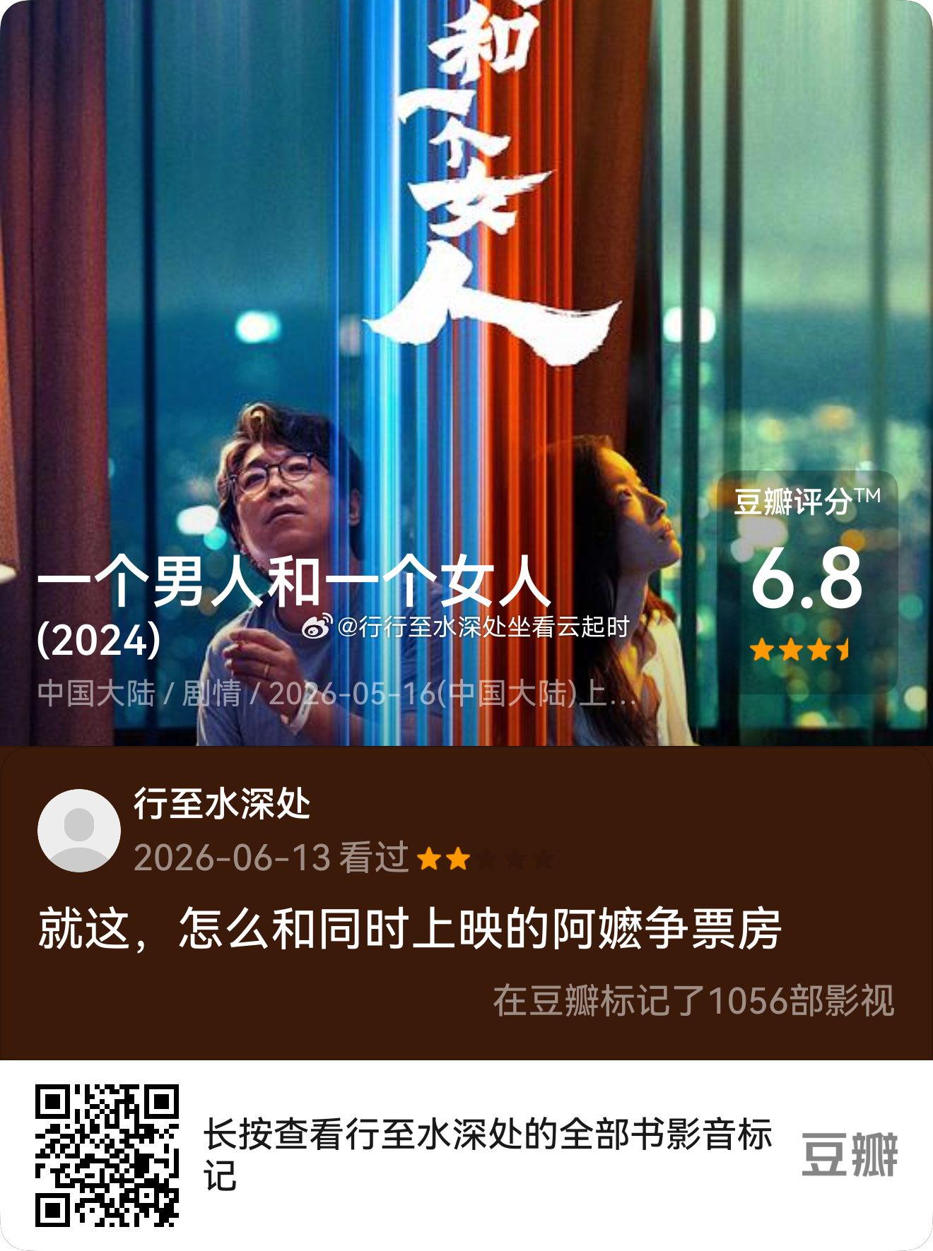 看过电影《一个男人和一个女人》,我的评分:★★☆☆☆ 就这，怎么和同时上映的阿嬷