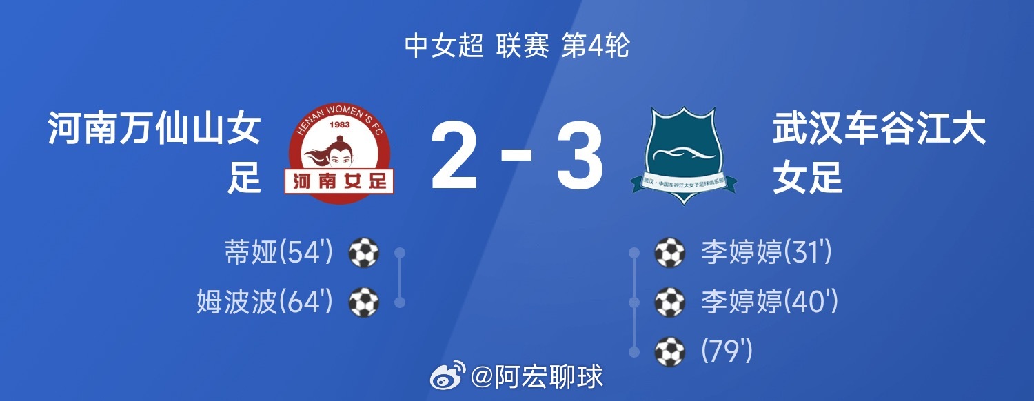 中女超战报：李婷婷梅开二度，武汉车谷江大女足3-2战胜河南万仙山女足武汉车谷江大
