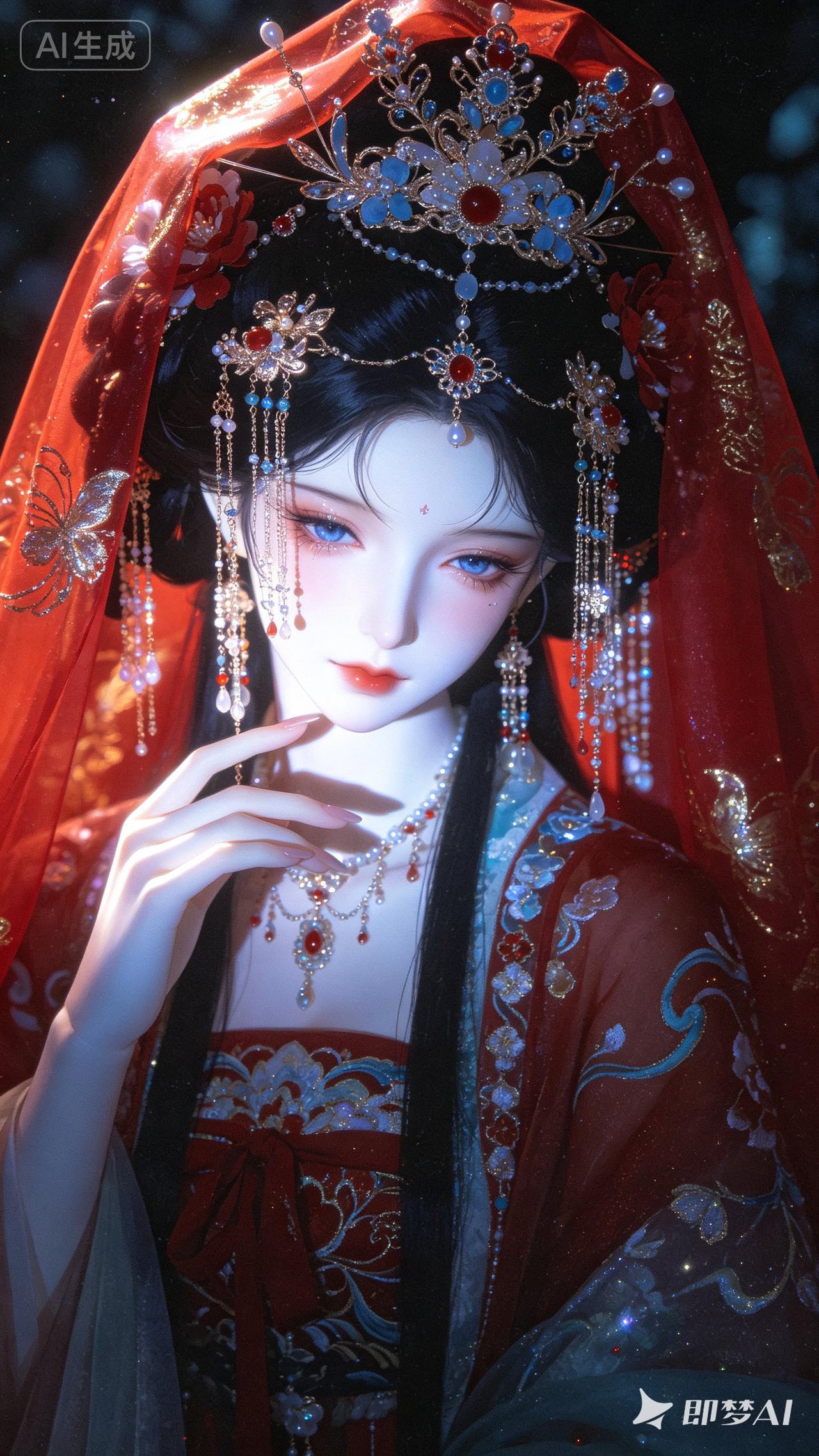 梦幻古风美人，红衣华裳，精致妆容，宛如画中仙子。