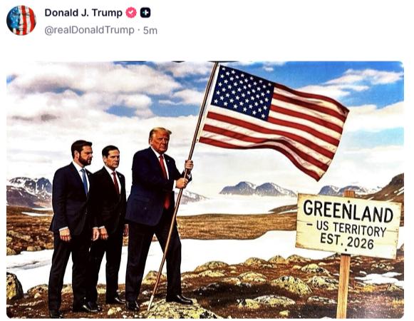 “星条旗插在格陵兰土地上” 特朗普用AI描绘自己的领土野心

1月20日，美国总