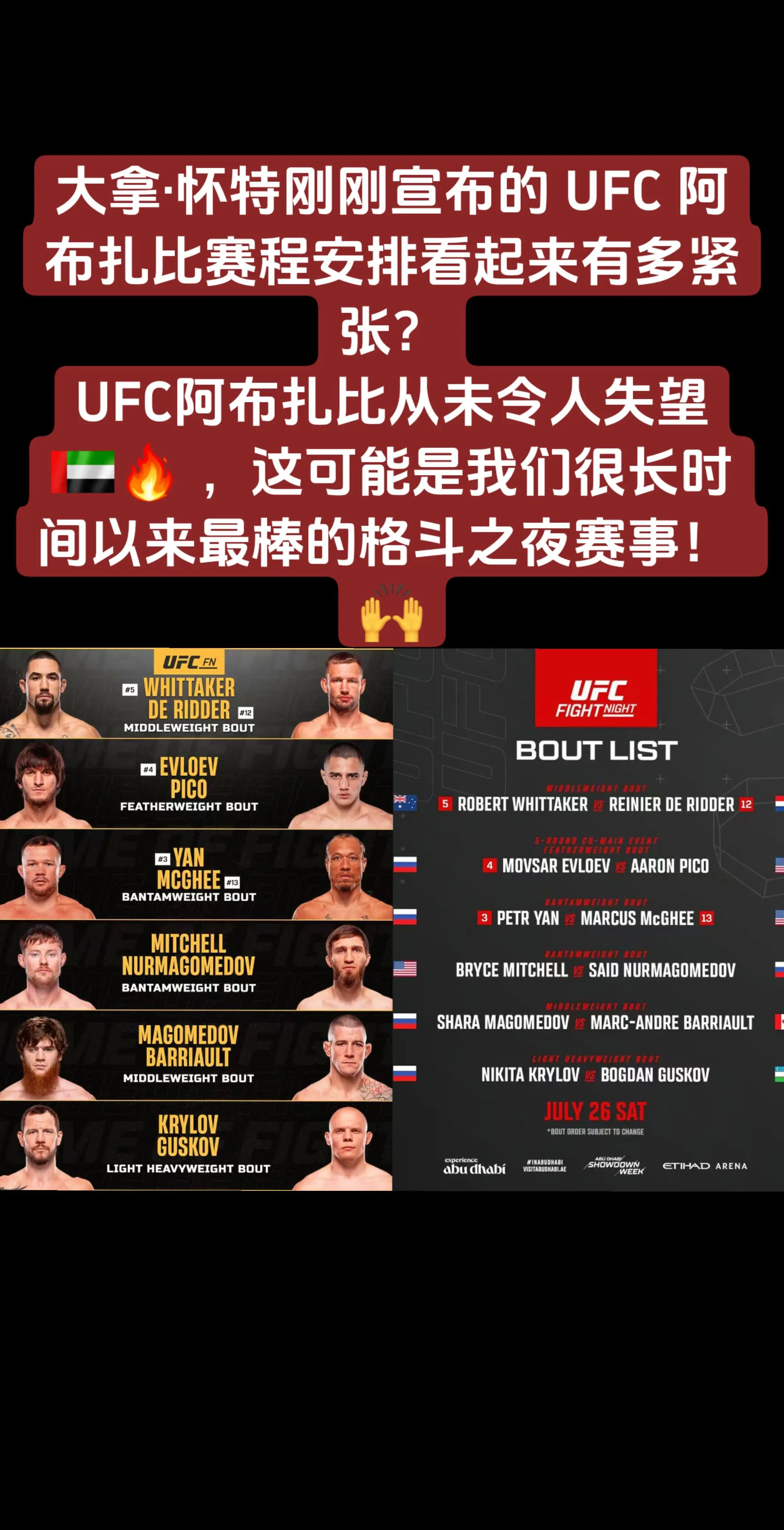 UFC阿布扎比。大拿·怀特刚刚宣布的 UFC 阿布扎比赛程安排看起来有...
