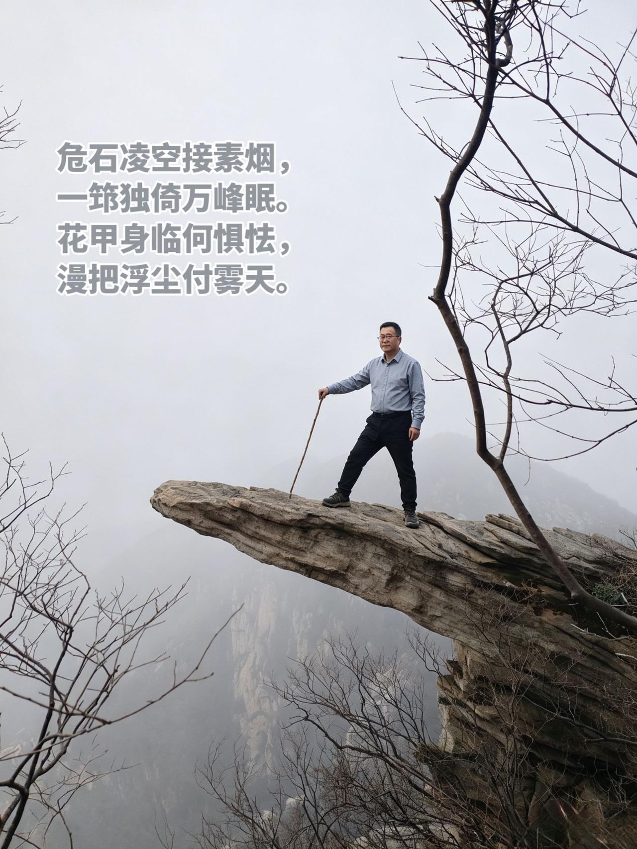 危石凌空接素烟，一筇独倚万峰眠。
花甲身临何惧怯，漫把浮尘付雾天。