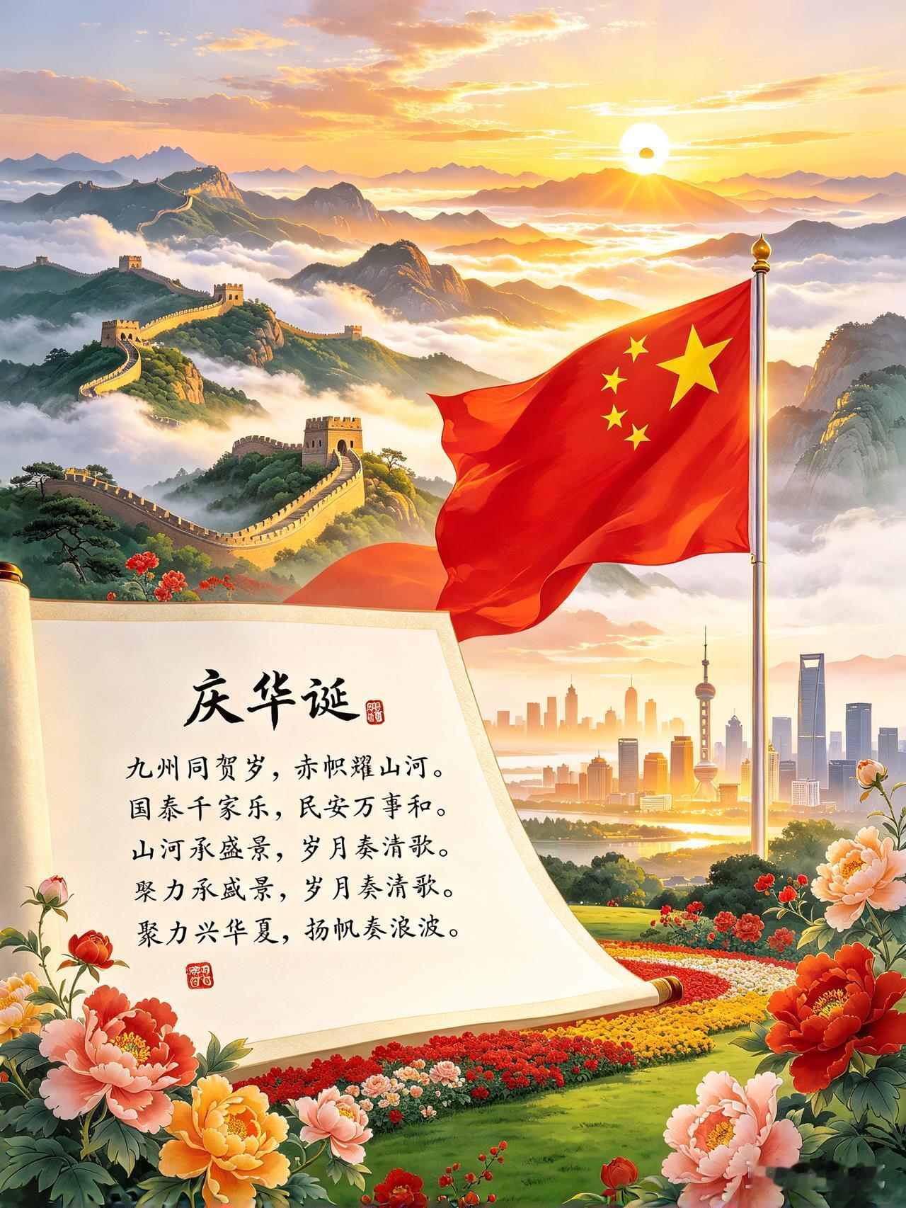 庆华诞
九州同贺岁，赤帜耀山河。 国泰千家乐，民安万事和。 
山河承盛景，岁月奏